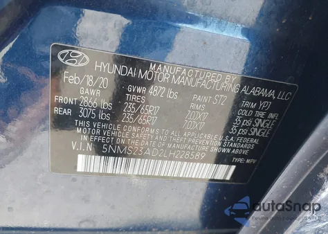 2020 Hyundai Santa Fe Se z USA, uszkodzony, nr VIN 5NMS23AD2LH228589